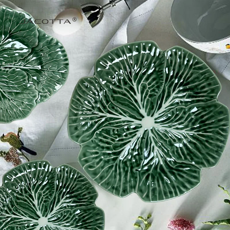Bowl Coffee Mark Cup Ceramic Dinnerware Sets Green Cabbage Shape Porcelain Plate Set Wholesale Retail