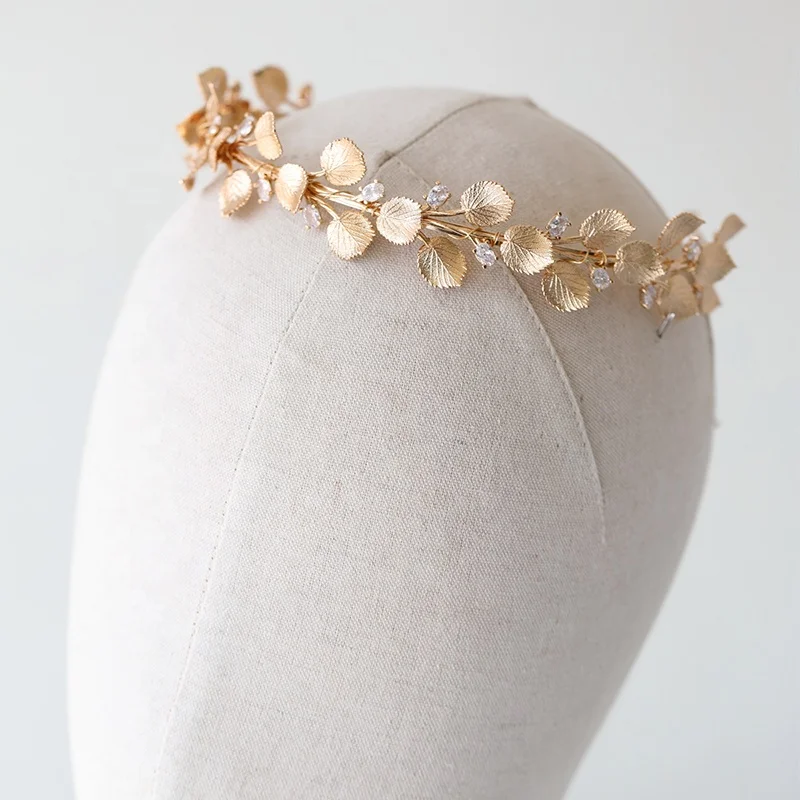 Vintage Boho Style Copper Leaf Zircon Bridal Tiara Crown Wedding Anniversary Party Hairband Accessories Jewelry