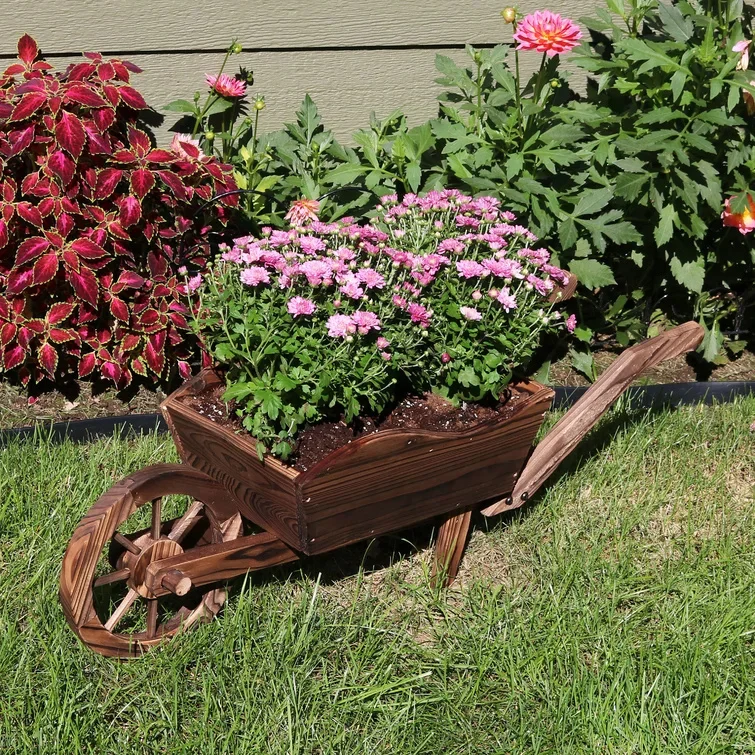 Custom Wooden Garden Trolley Planter Country Style Wheelbarrow Planter Outdoor Decoration Trolley Planter