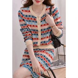 Sweater Women Two Piece Clothing Buttoned Fall Long Sleeve Knit Top And Skirt Set