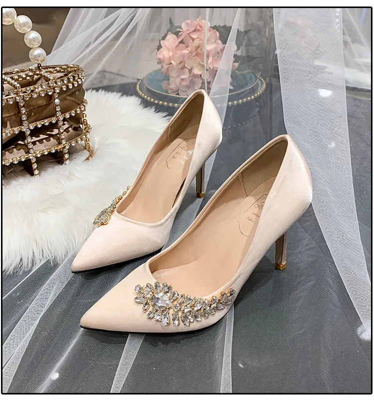 New bride female glass slippers Champagne bridesmaid wedding white heels wedding shoes for bride