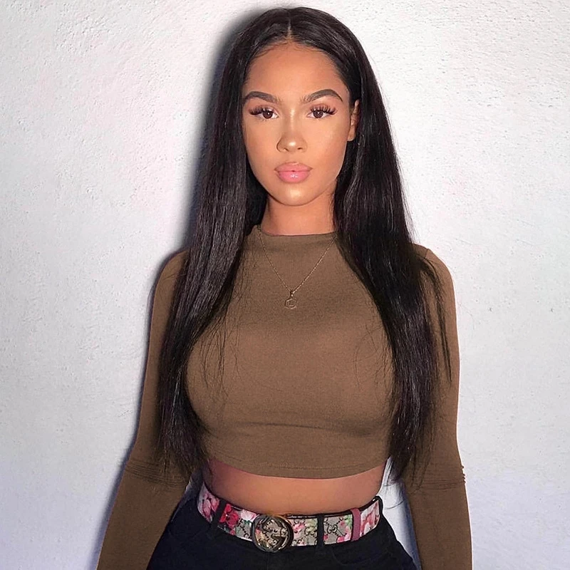 Solid Basic Long Sleeve Womens Tshirt Casual Black White Fashion Crop Top T Shirt Ladies Fashion Korean Tee Shirt t lady