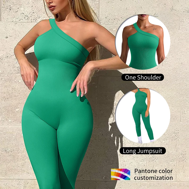 Customized Women Yoga Jumpsuits Workout Ribbed One Shoulder One Piece Sport Jumpsuits Activewear Bodysuit