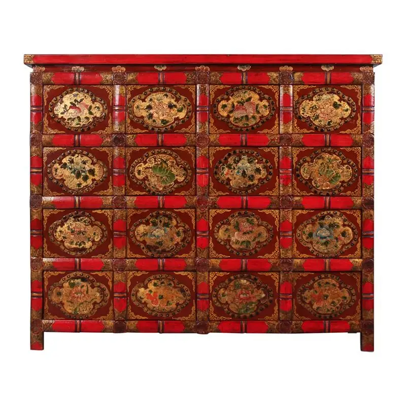 New arrival High glossy recycled wood furniture  antique reclaimed  wood Mongolian painting sideboard living room furniture