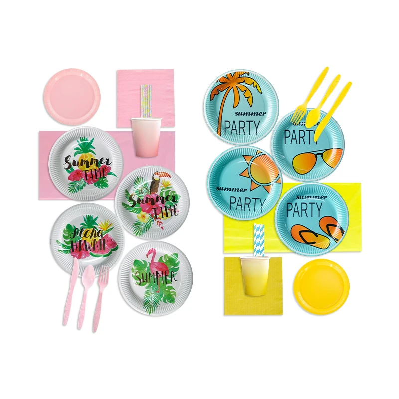 Partybus Flamingo/ Coconut Tree Paper Cups Plates Napkins with Cutlery Summer Party Needs Disposable Tableware Set