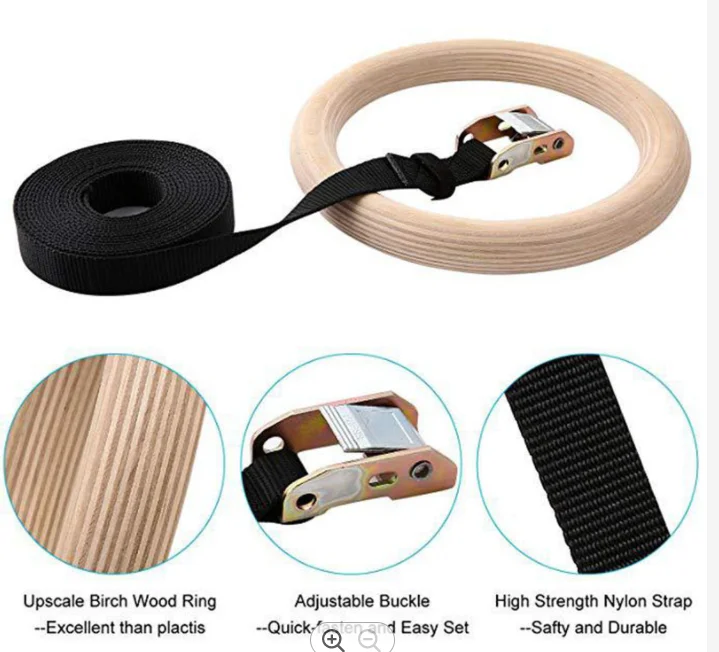 Logo Printed Wooden 28mm 32mm Pull Up Muscle GYM Ring nylon straps Gymnastics Athletic Dip Rings