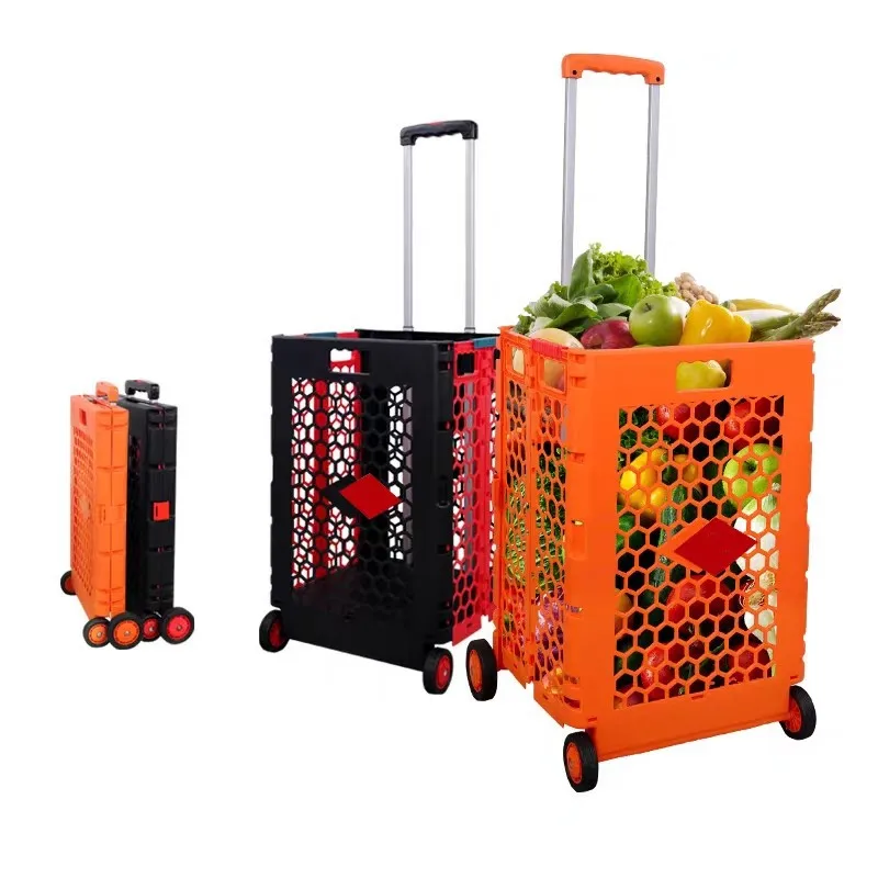 Large Capacity Portable Foldable Plastic Mesh Rolling Trolley Shopping Grocery Cart