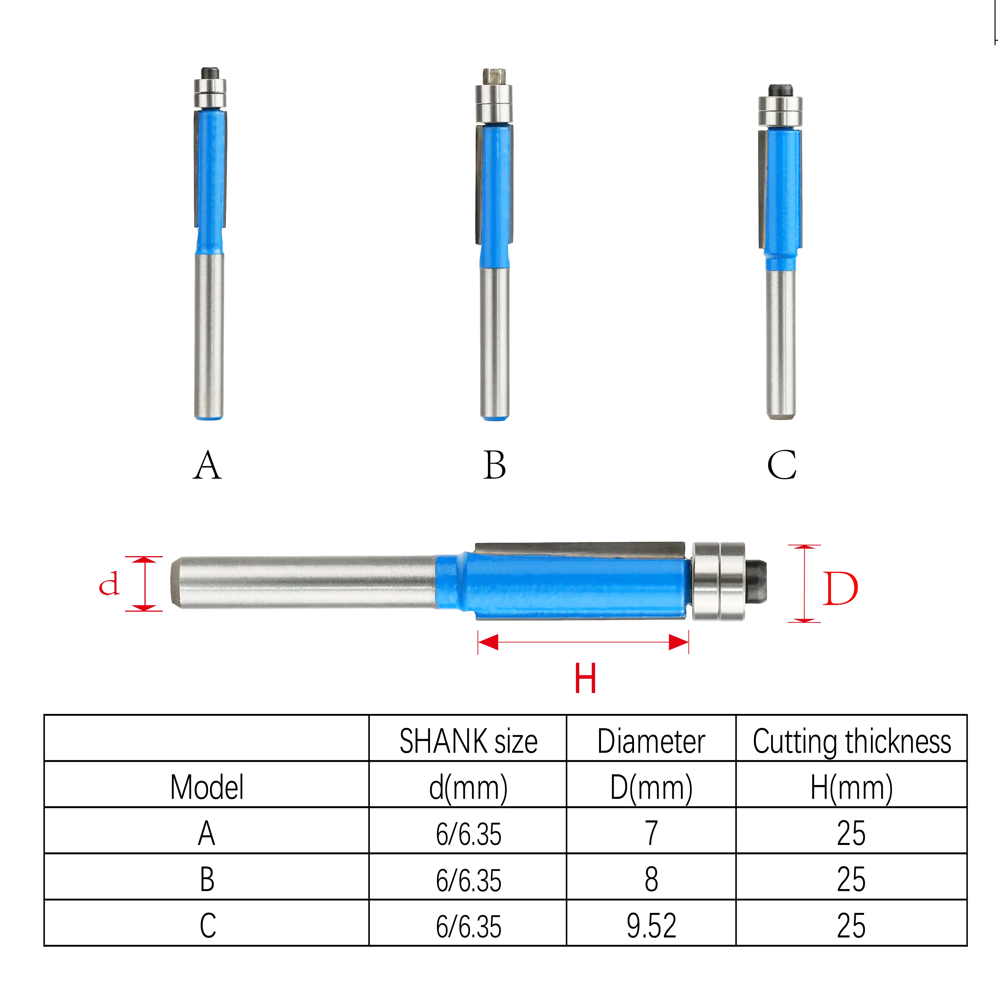 3PC 6mm SHANK Flush Trim Bit with Two Bearing Mill Wood Cutter Solid Carbide Pattern Router Bit set for Carpenter