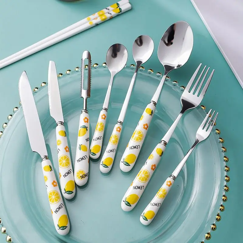 Cute Fruit Pattern Stainless Steel Coffee Food Steak   Ceramic Knife Fork and Spoon Chopsticks Western Tableware Set