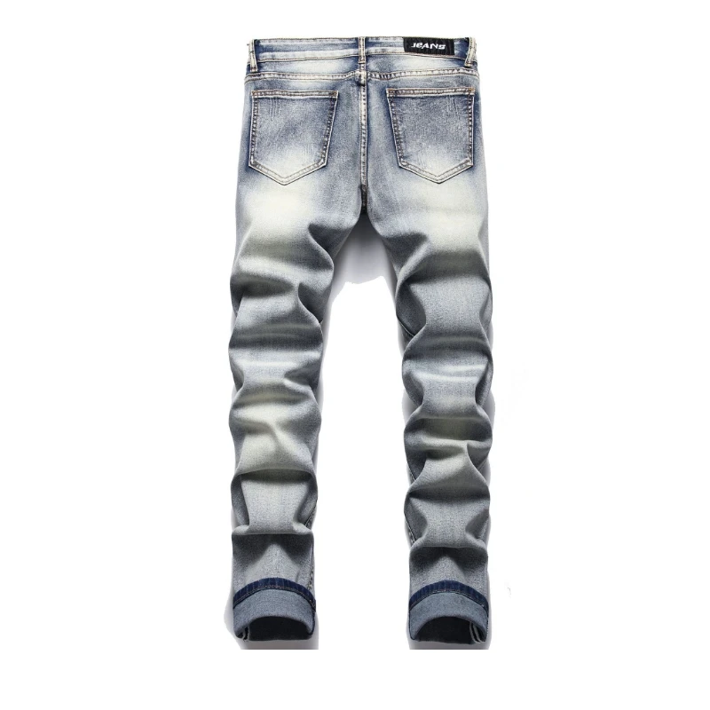 2022 new trend washing and grinding white ripped trousers patch mid-waist straight jeans for man