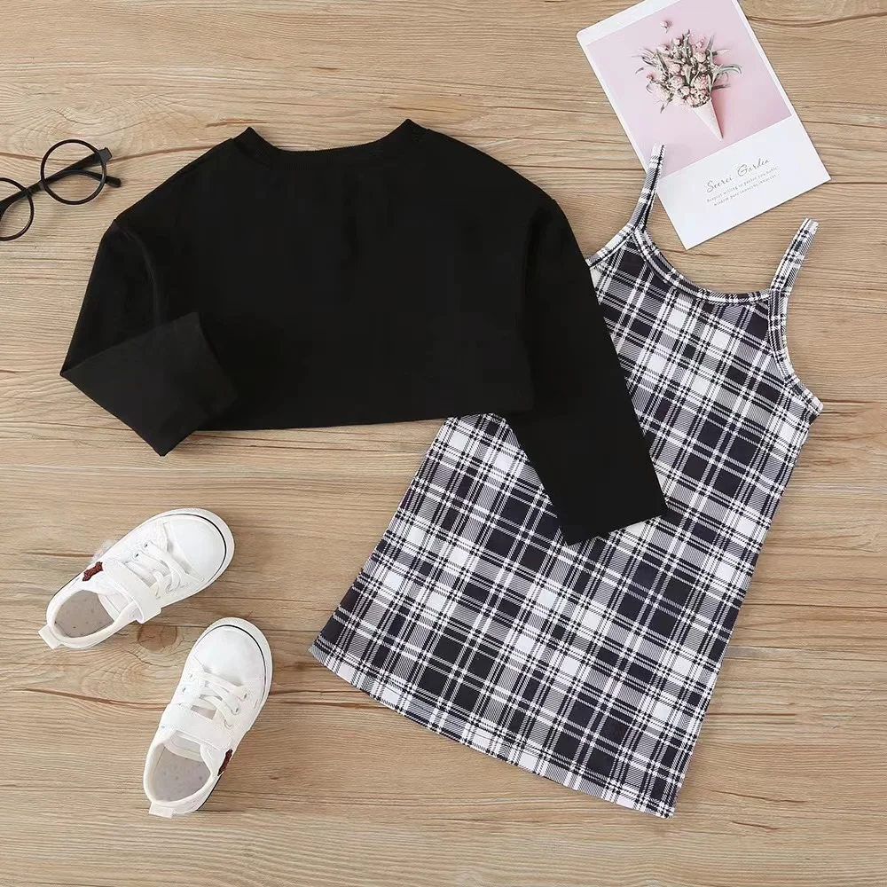 J&H 2022 girls kids summer chic black Little Bear caftan and grid printed slip dress sets 2 piece outfits lovely toddler clothes