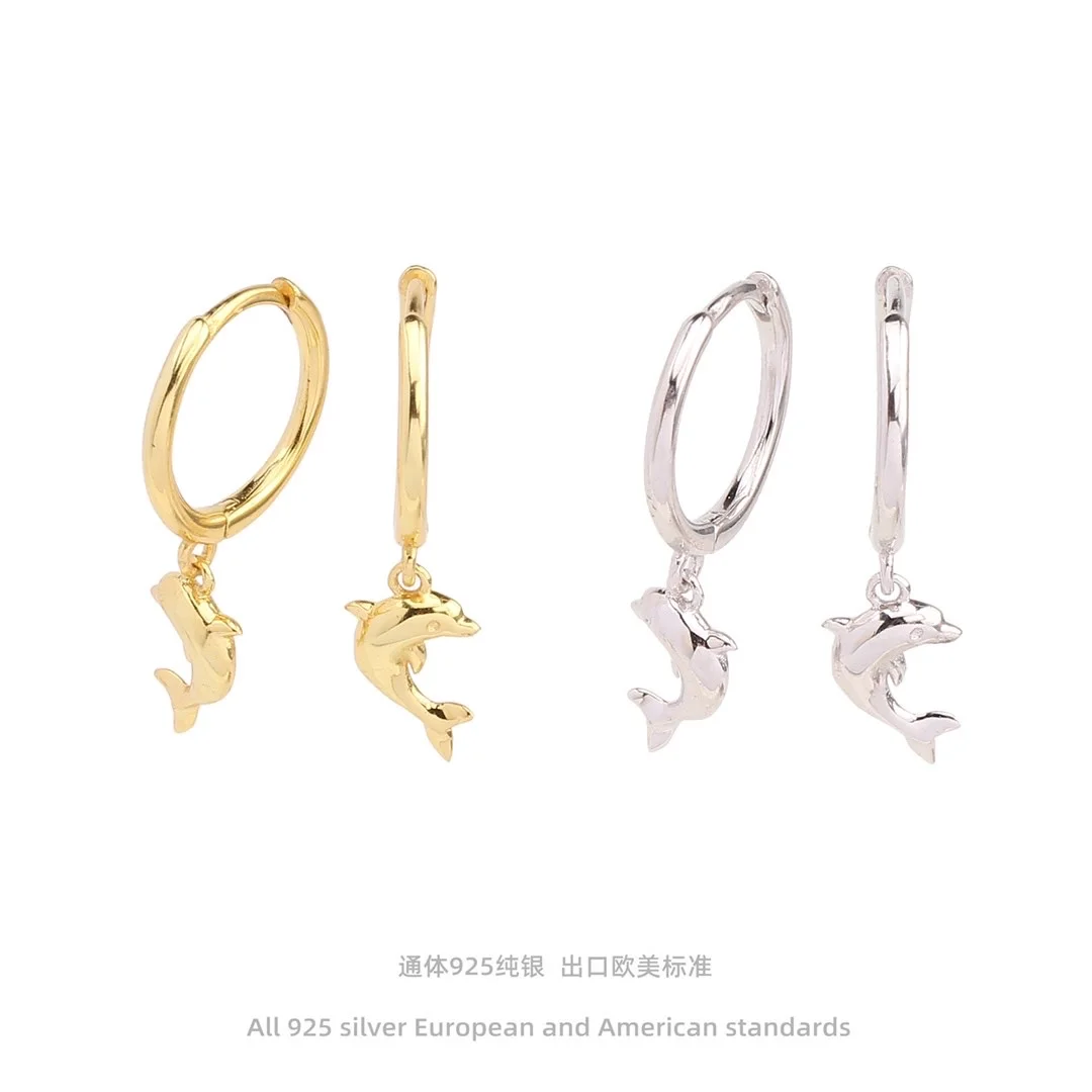Creative Popular Sea Life Jewelry Marine bioteg Fish charms earrings gold plated 925 silver Dolphin Earrings Hoop