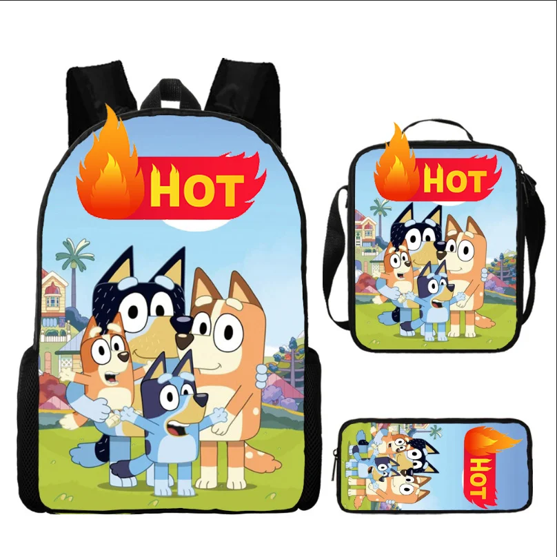 Customization cartoon blueyes dog cartoon image customize 3 in 1 polyester lunch bag pencil case kids school backpack bag set