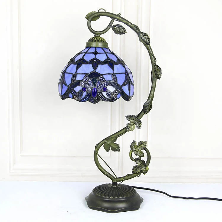 LongHuiJing Stained Glass Reading Lamp Table Light Blue Purple Desk Baroque Tiffany Style