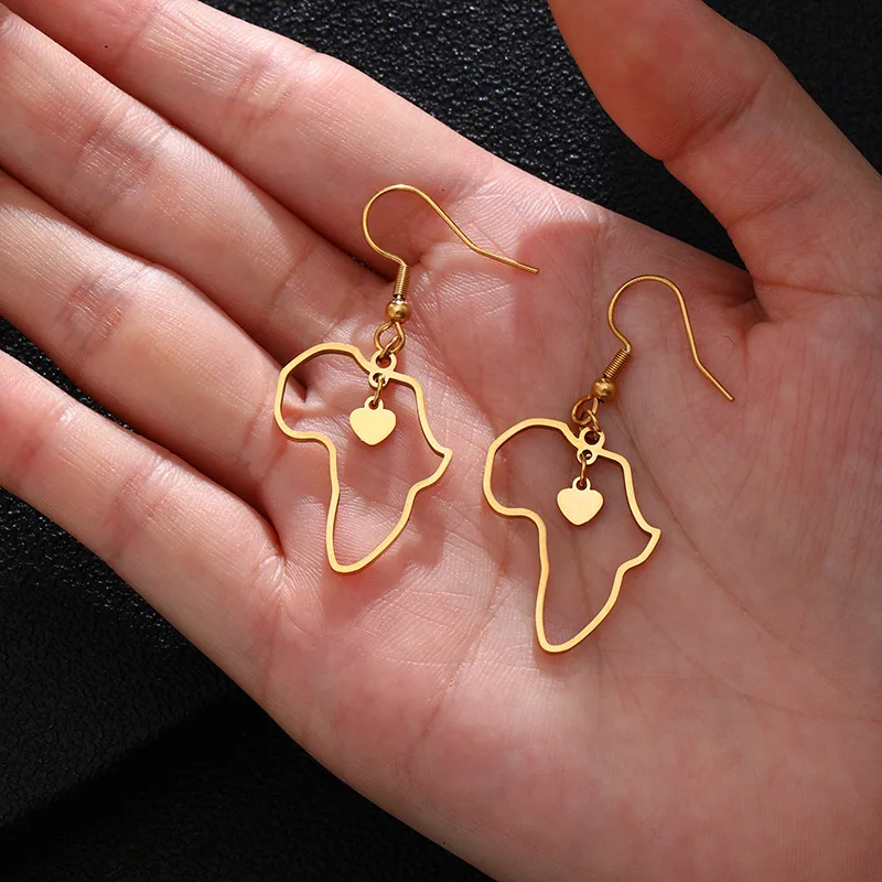 New Arrival African Map Stud Earrings High Quality 18K Gold Jewelry Stainless Steel Heart Charm Hoop Earrings For Women