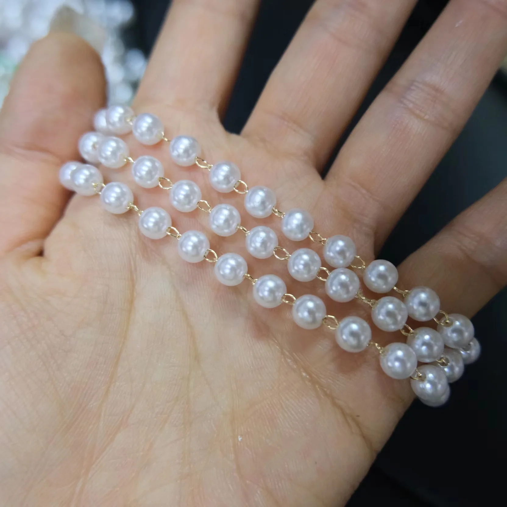 DS Factory Direct Sale 3-8mm Chain Pearl for Dress Garment Accessories Trim Roll Copper Pearl Beads Chain for Jewelry Making