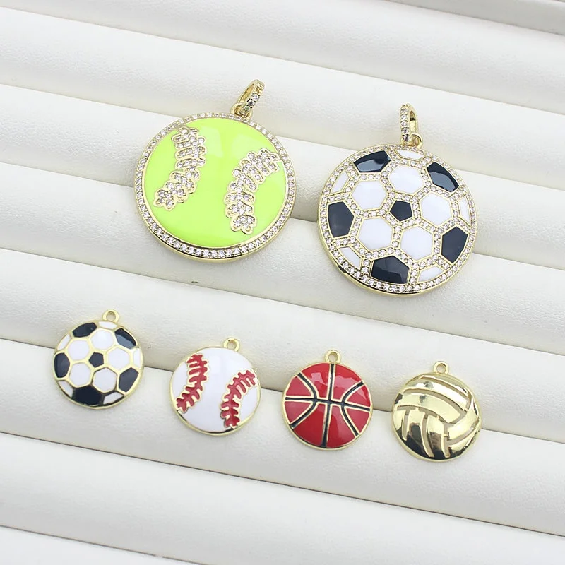 CH-LAP1195 CZ plating volleyball/baseball enamel tennis/soccer round ball pendant gold-plated large accessory wholesale jewelry