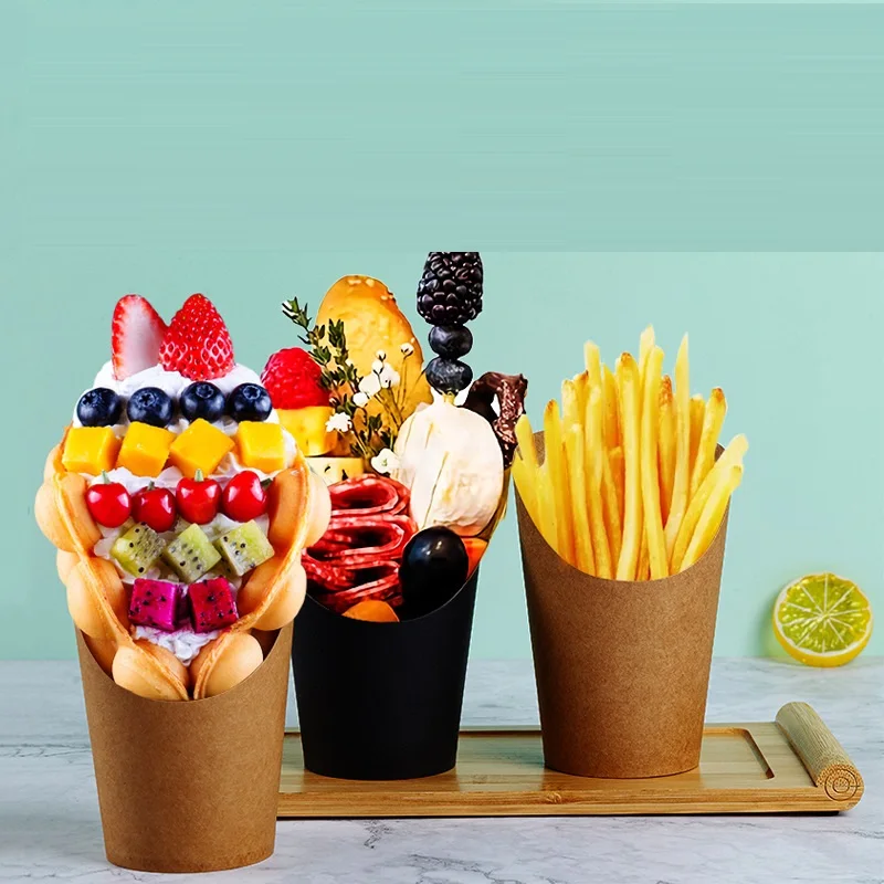 2024 Customization Kraft Paper White Black Egg Puff French Fries Cone Fried Food Bevel Cup