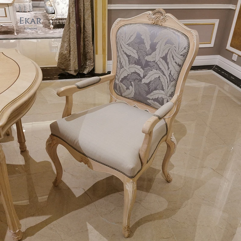 French Style Fabric Antique Wooden Carved Dining Armchair Solid Wood Frame Dining Chairs with Armrests