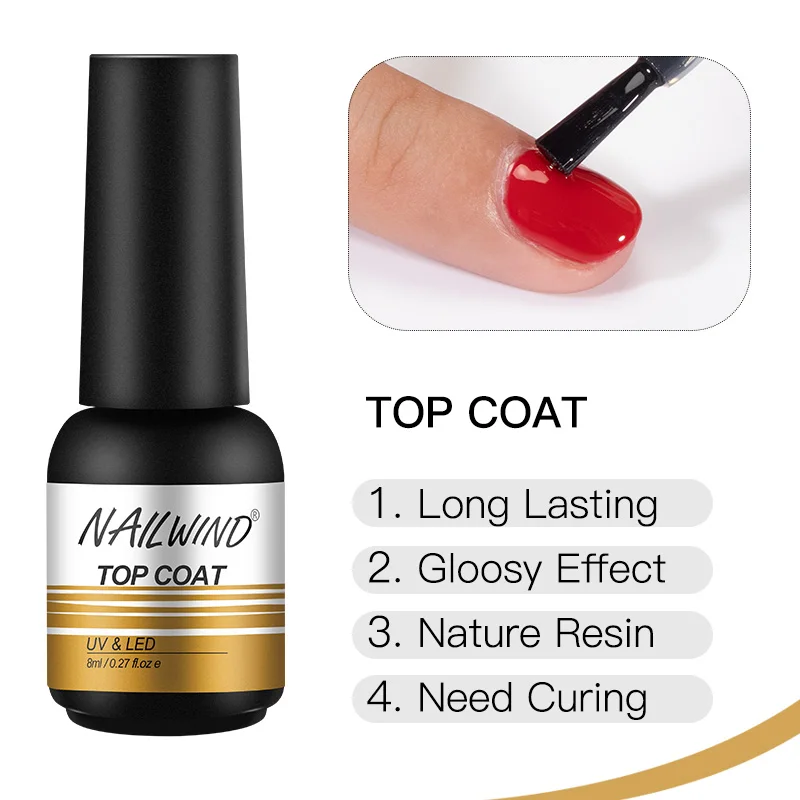 NAILWIND professional private label oem nails art 8ml base top coat soak off uv led light base and top gel polish for wholesale