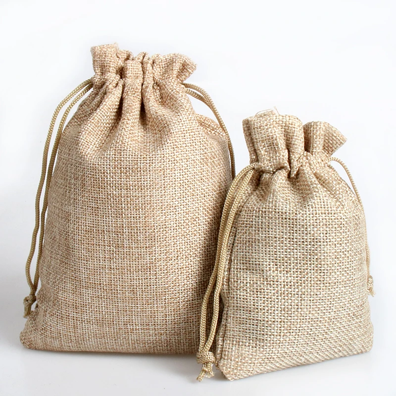10 sizes on stock plain organic Jute pouch linen bag small reusable hemp drawstring bags