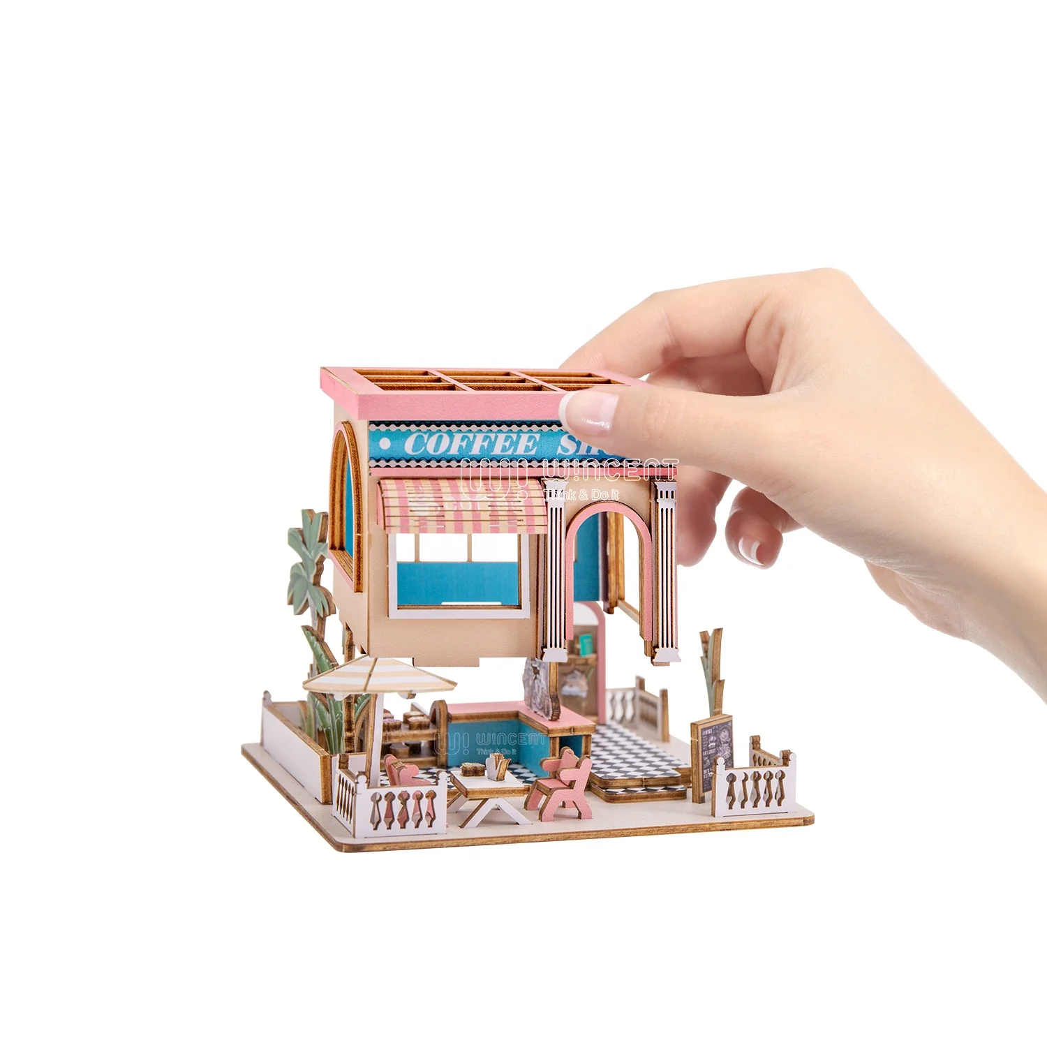 Wincent Wholesale Coffee Shop Style Wood doll house Diy 3d Miniature Dollhouse Kit For Girl