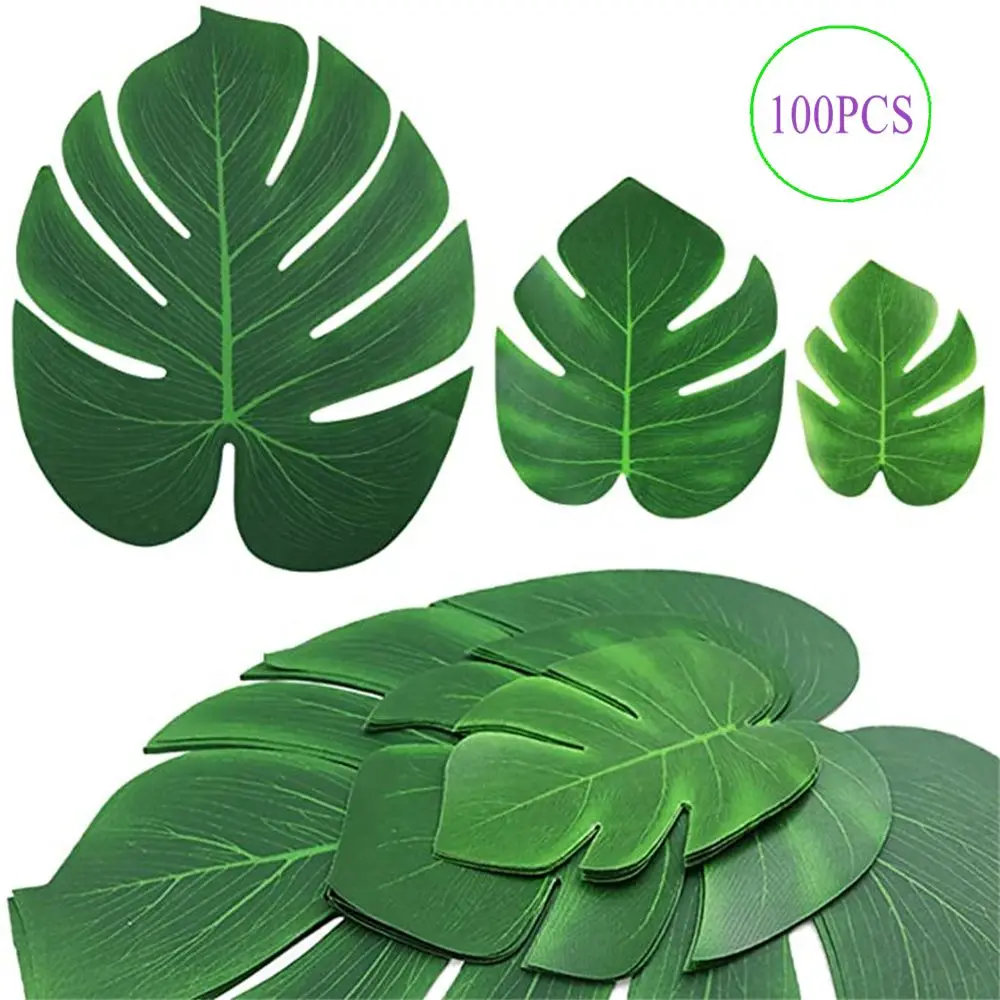 100PCS Artificial Tropical Palm Leaves plant Monstera Fake Large Green Leaf For Hawaiian Jungle Beach Birthday Party Table