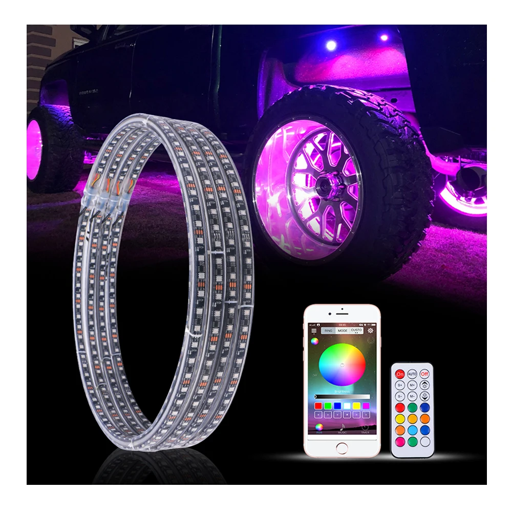 2022 New Single Double Row Ring Light for cars RGB App Remote Control Wheel Light 14 15.5 17 inch Led Underglow
