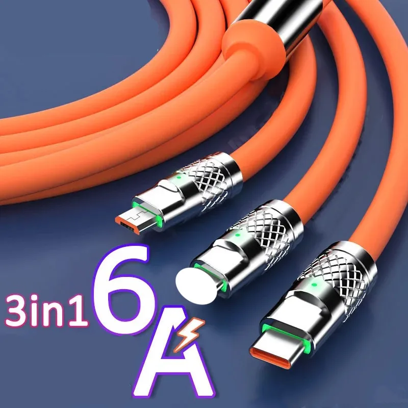 120W 6A 3 in 1 Fast Charging Type C Cable Micro USB for iPhone Charging Cable For Samsung Huawei Xiaomi Phone Charger USB Cable