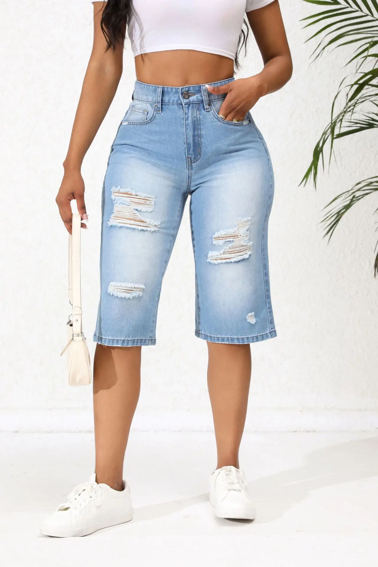 Stretchy cool stylish denim distressed ladies women shorts jeans half pant
