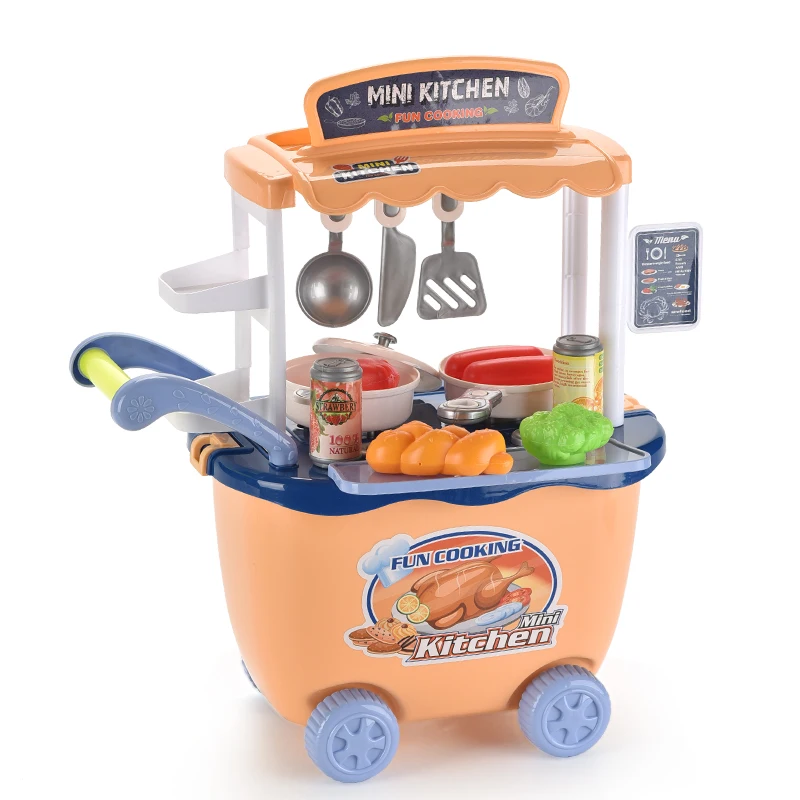 hot selling kids mini cheap trolley pretend play plastic kitchen cart toy cooking toy set