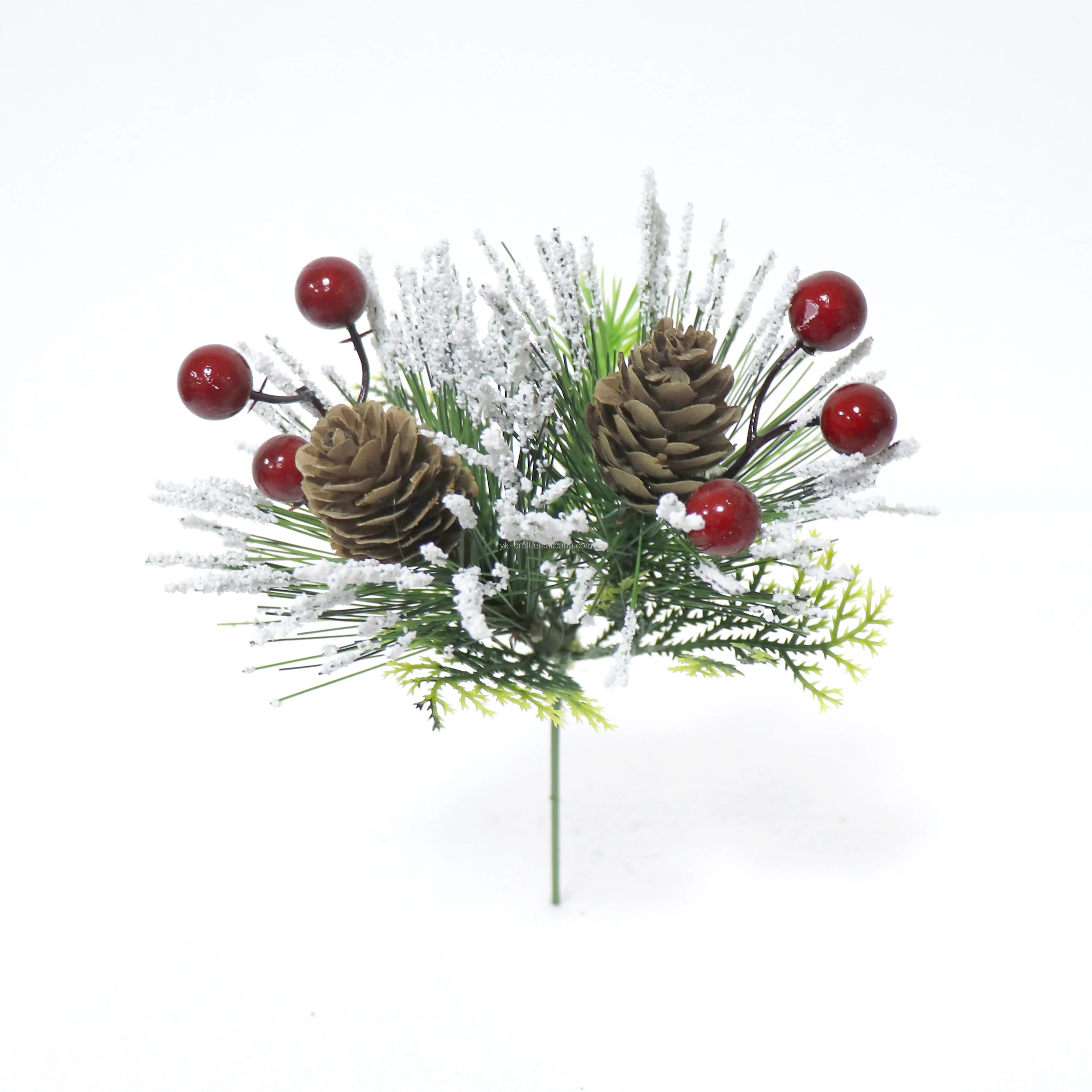 Wholesale Greenery Leaves Christmas Pick Pine Needle Pinecone Pick Spray Snow Artificial Red Berry Floral Pick