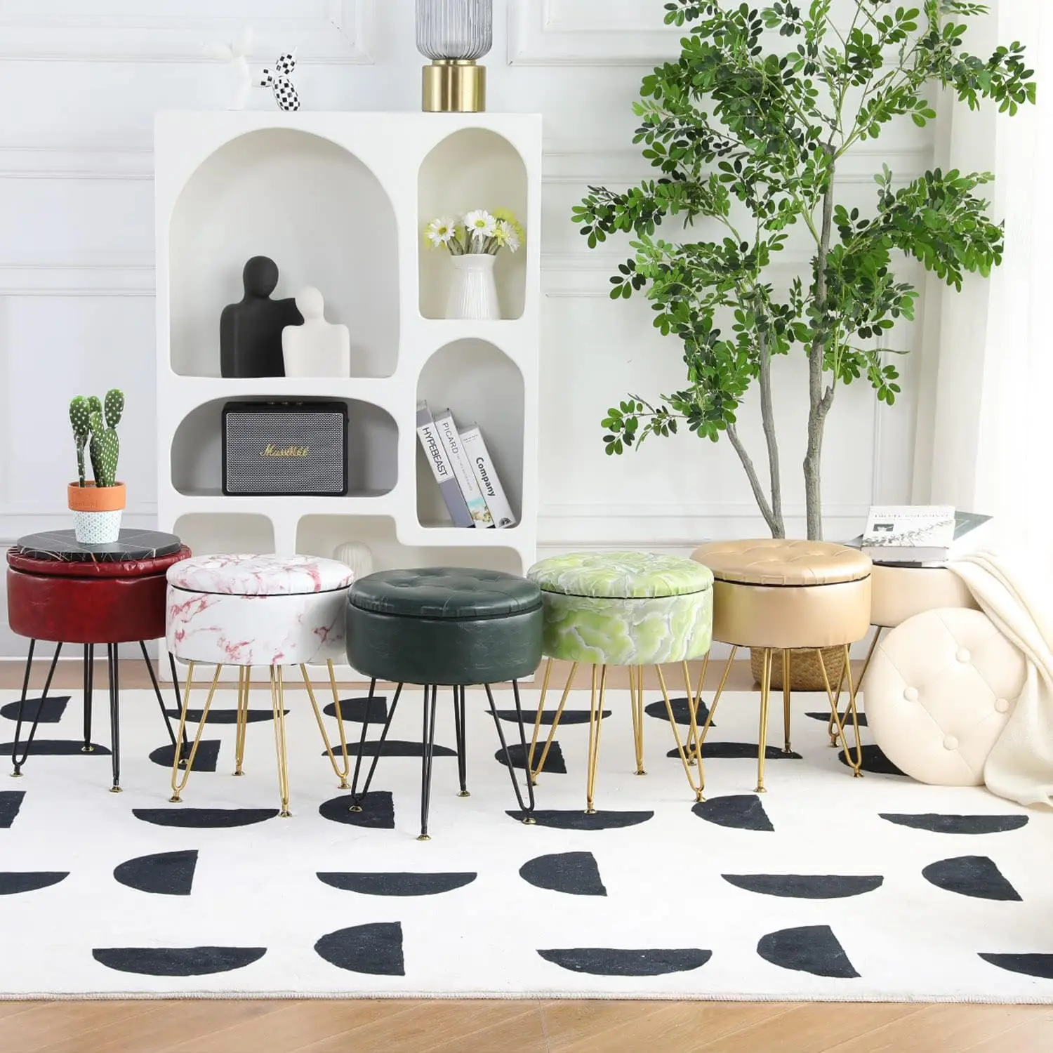 Beige Faux Leather Storage Ottoman Round Footrest Stool Multifunctional Upholstered Ottoman with Metal Legs Modern Vanity Stools