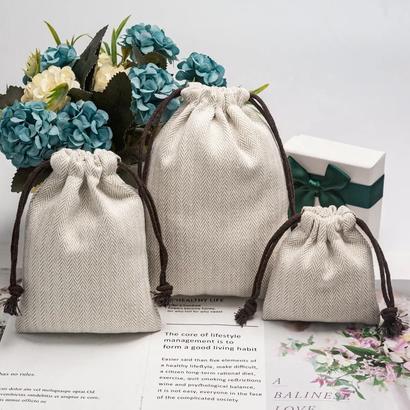 Custom Logo Recyclable High Quality Herringbone Cotton Drawstring Dust Packaging Bag Jewelry Gift Pouch