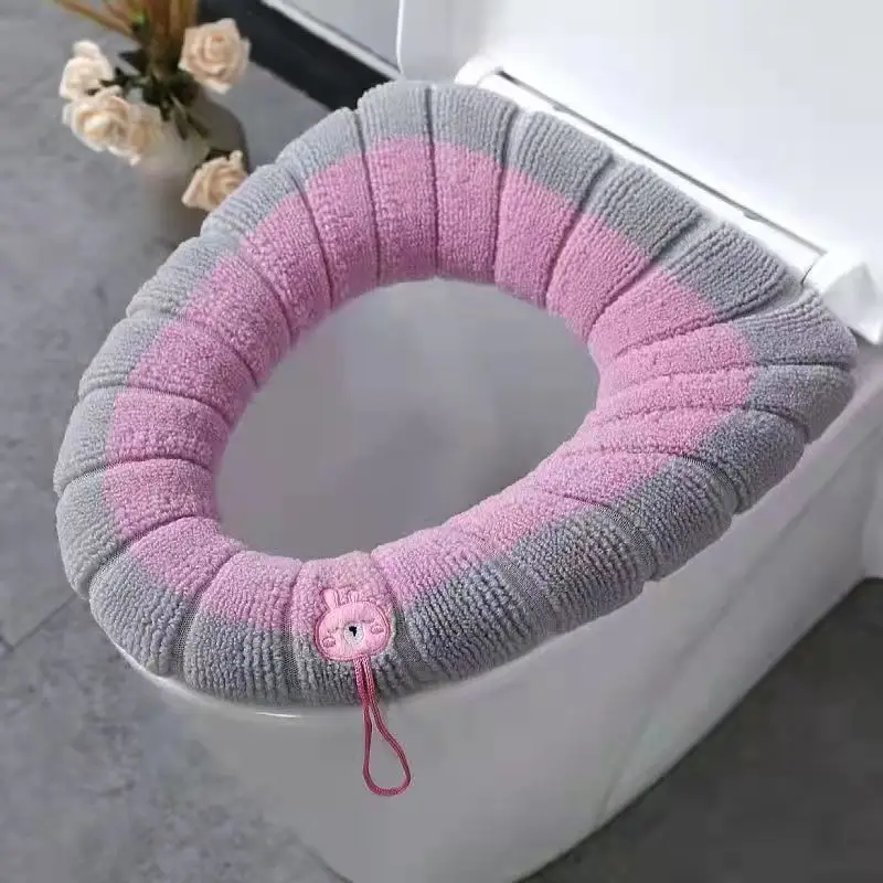 Washable Reusable Toilet Seat Cover Solid Color Acrylic Knitting Anti-dust Keep Warm Toilet Seat Cover