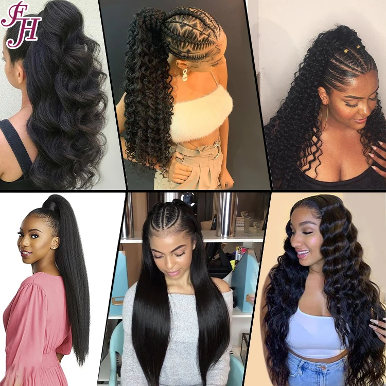 FH vendor clip in half head wigs natural black straight braizilian human hair 3in1 half handtied wig ponytail extension
