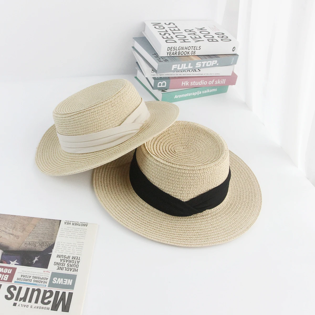 Outdoor Flat Top white black Ribbon Narrow Brim Flat Top Sun Boater Beach Hats Round  Bucket Hat