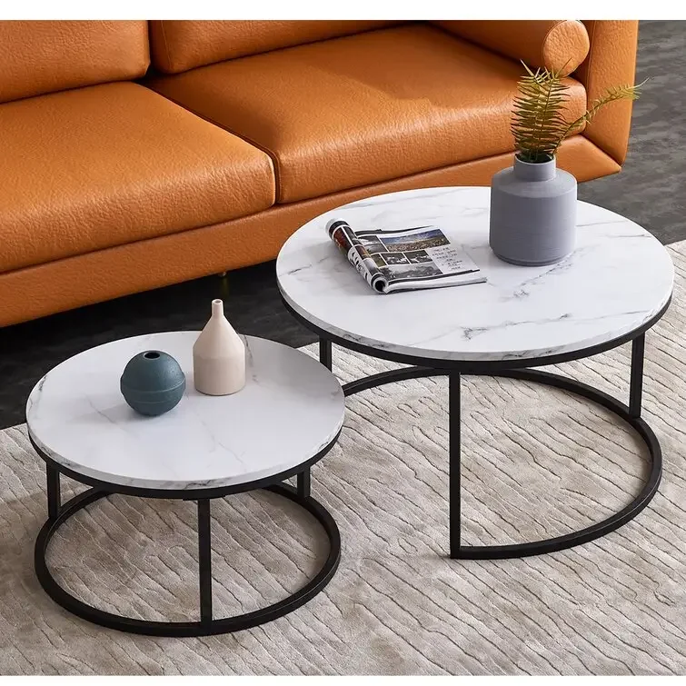 Easy Assemble End Table Round Bent Black Gold Metal Glass Marble Texture MDF Wood Side Nest Set of 2 Nesting Coffee Table