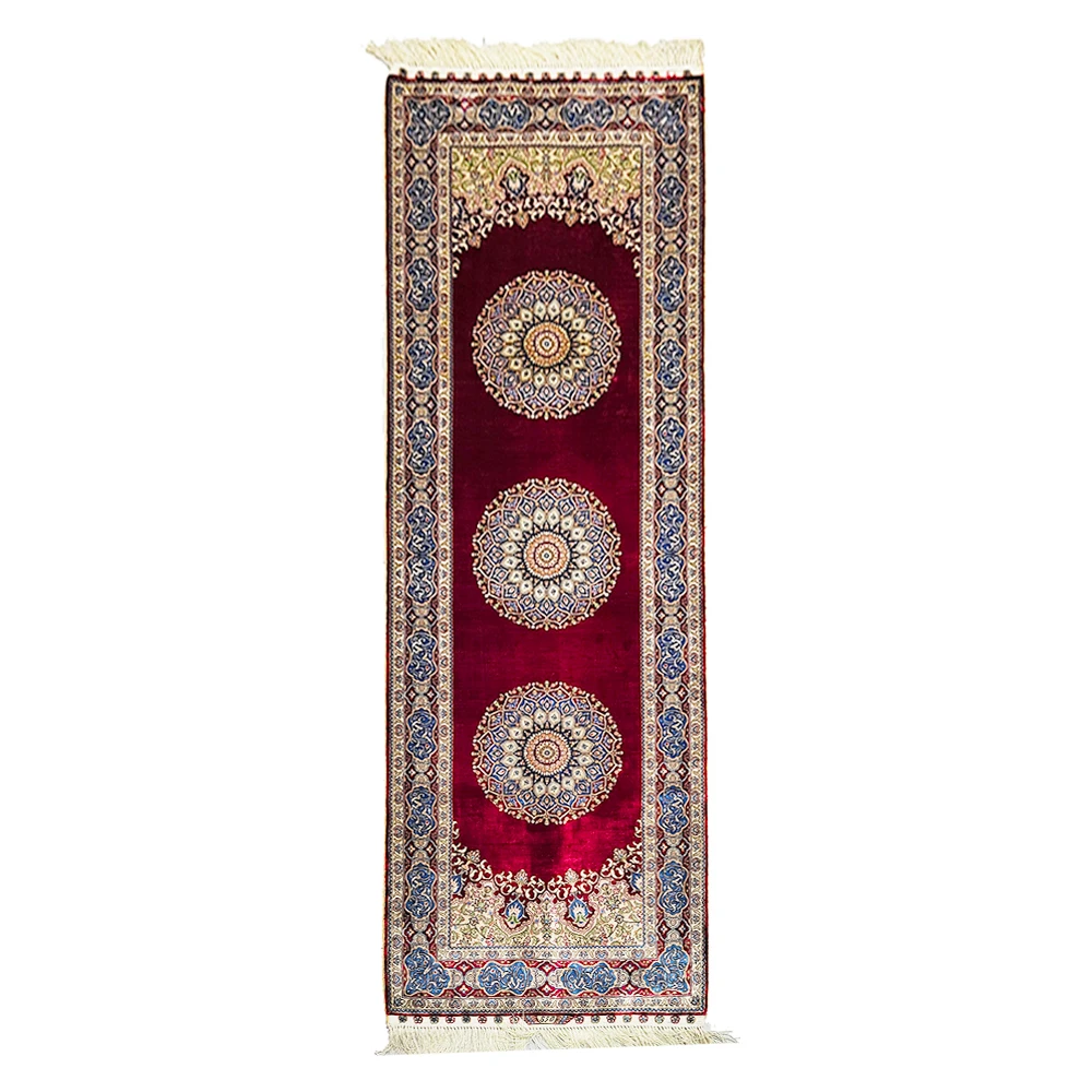 Yuxiang Factory 2*6 ft Red Floral Persian Hand Knotted Silk Runner Rugs for Hallway