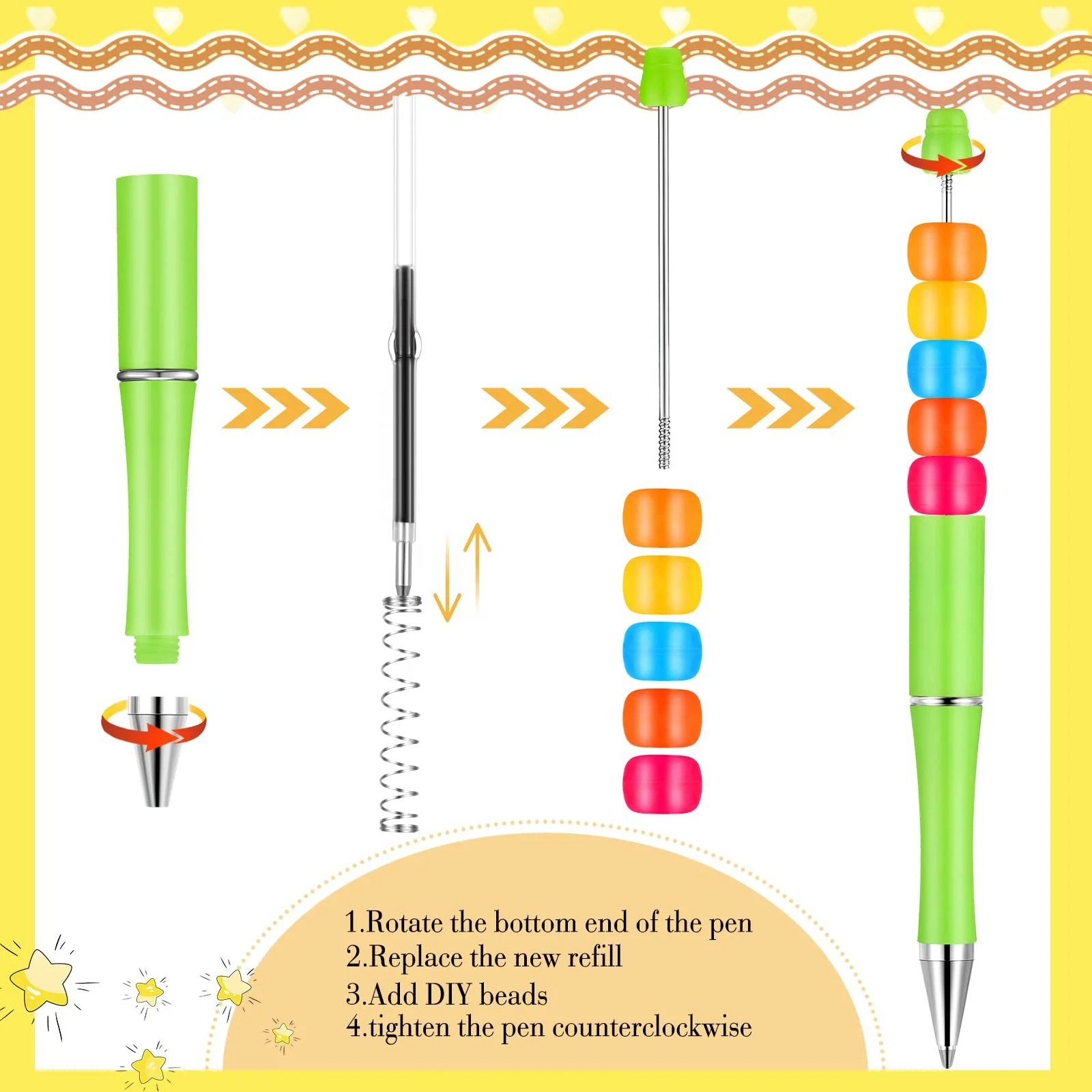 Plastic Beadable Bulk Bead Ballpoint Pen Shaft Black Ink Beaded Pens for DIY Making Gift Kids Students Office School Supplies