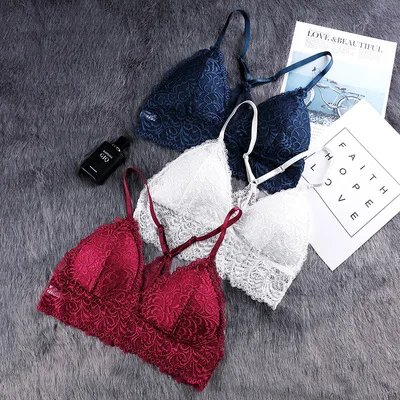 Women Bralette French Style Lace Bra Girls Triangle Cup Lingerie Deep V Wireless Underwear Soft Thin Seamless Bra