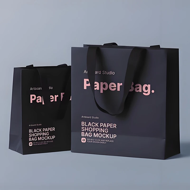 Wholesale Custom Printed Logo Embossing Garment Clothes Gift Packaging Cardboard Retail Bag Black Paper Bags For Shopping