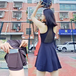 Women Exercise Dress with Detachable Shorts Built-in Bra Workout Dress Mesh Tennis Golf Athletic Dress Pockets Sport Clothing