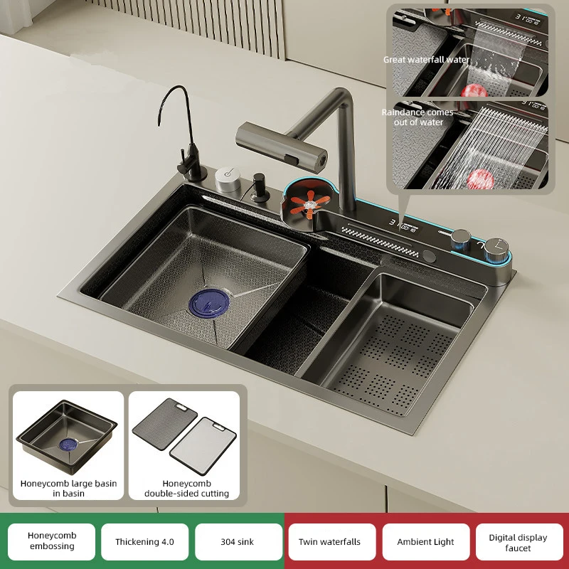 Quality Wholesale nano stainless steel hand made kitchen sink waterfall kitchen sink with digital display SUS smart kitchen sink