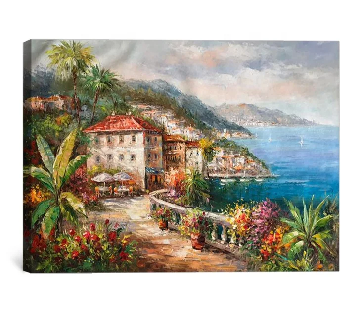High quality handmade oil painting mediterranean village sea landscape heavy texture oil painting on canvas art