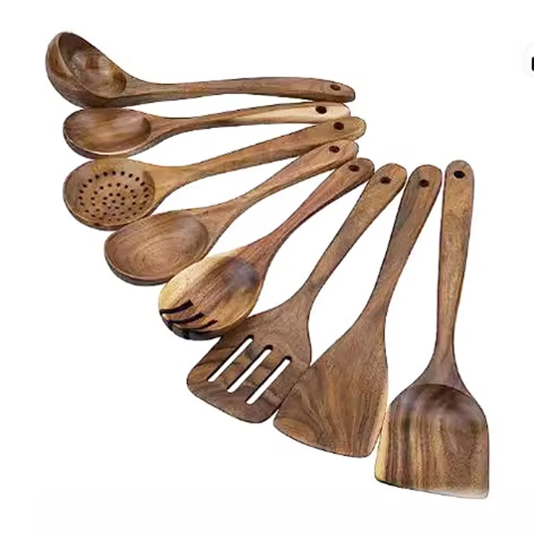 6 Pieces Wooden Spoon Set Cooking Fried Spatula and Salad Fork Acacia Wooden Kitchen Utensils Set for Non-stick pan