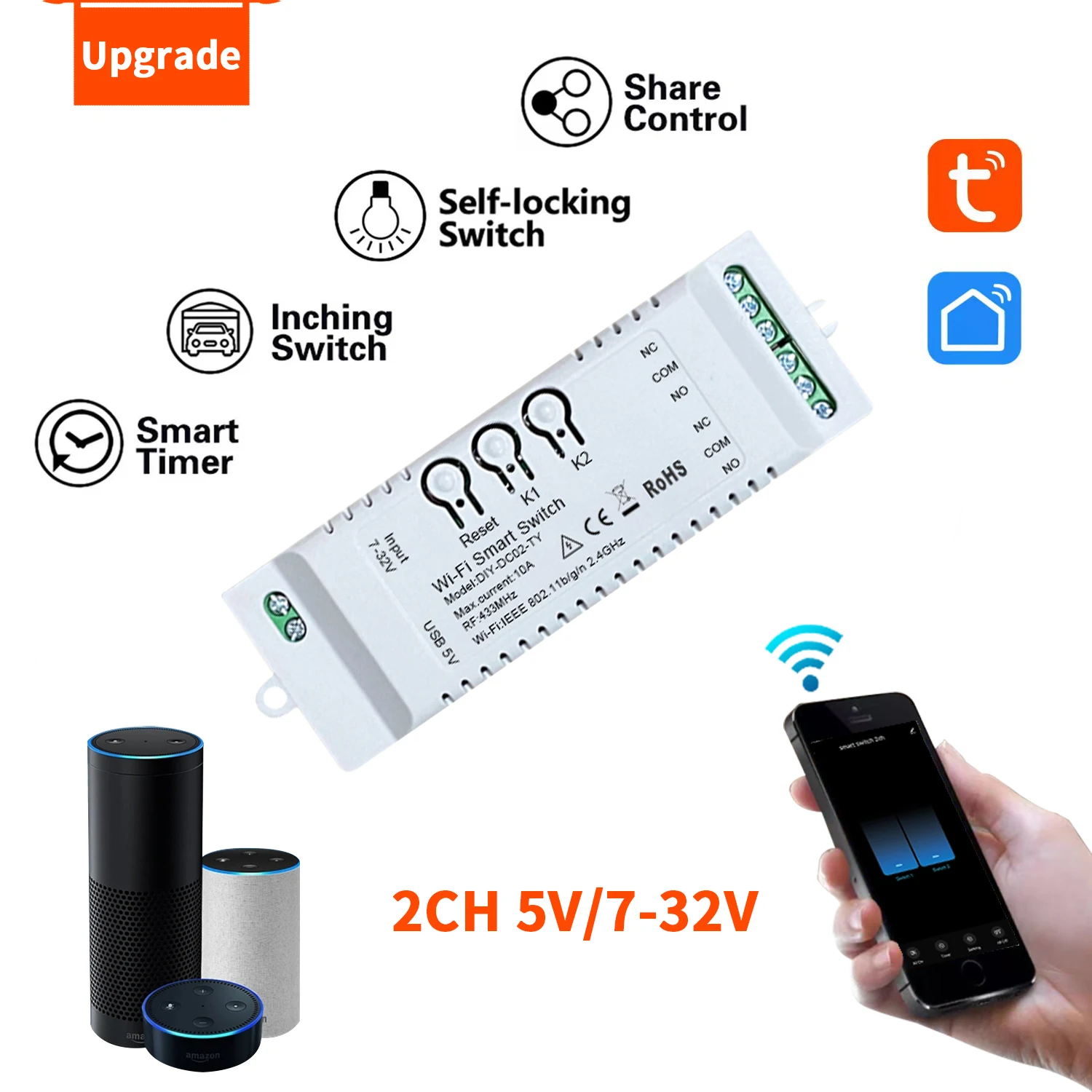 7-32V 2CH Tuya Smart Switch Module 5V 12V 24V 32V 433MHz RF Remote Control Wifi Relay Work With Alexa Google Home