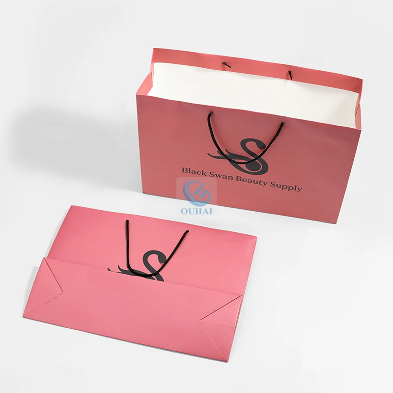Rose Pink Paper Packaging Plain Tote Gift Bags Reusable Environmental Customized Shopping Bag with Logo Print