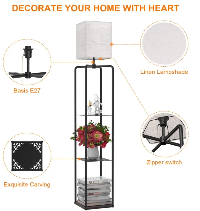 Decorative Metal Stand Floor Lamp With 3 Tiers Shelf Plants Rack Light