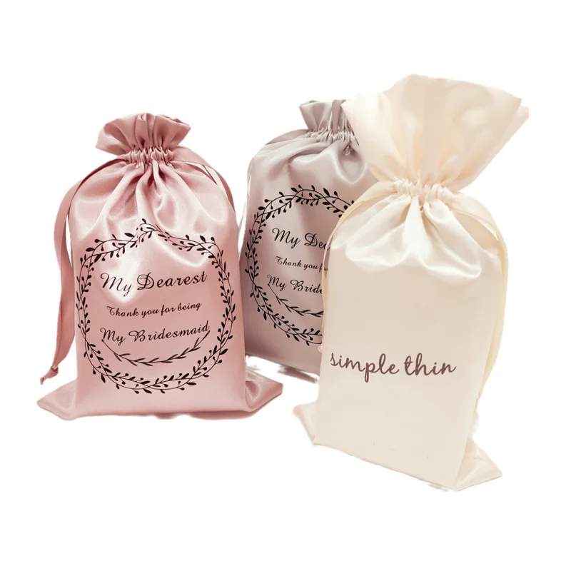 Custom Luxury Silk Dust Bags Satin Drawstring Bag Hair Bundles Jewelry Pouch With Logo